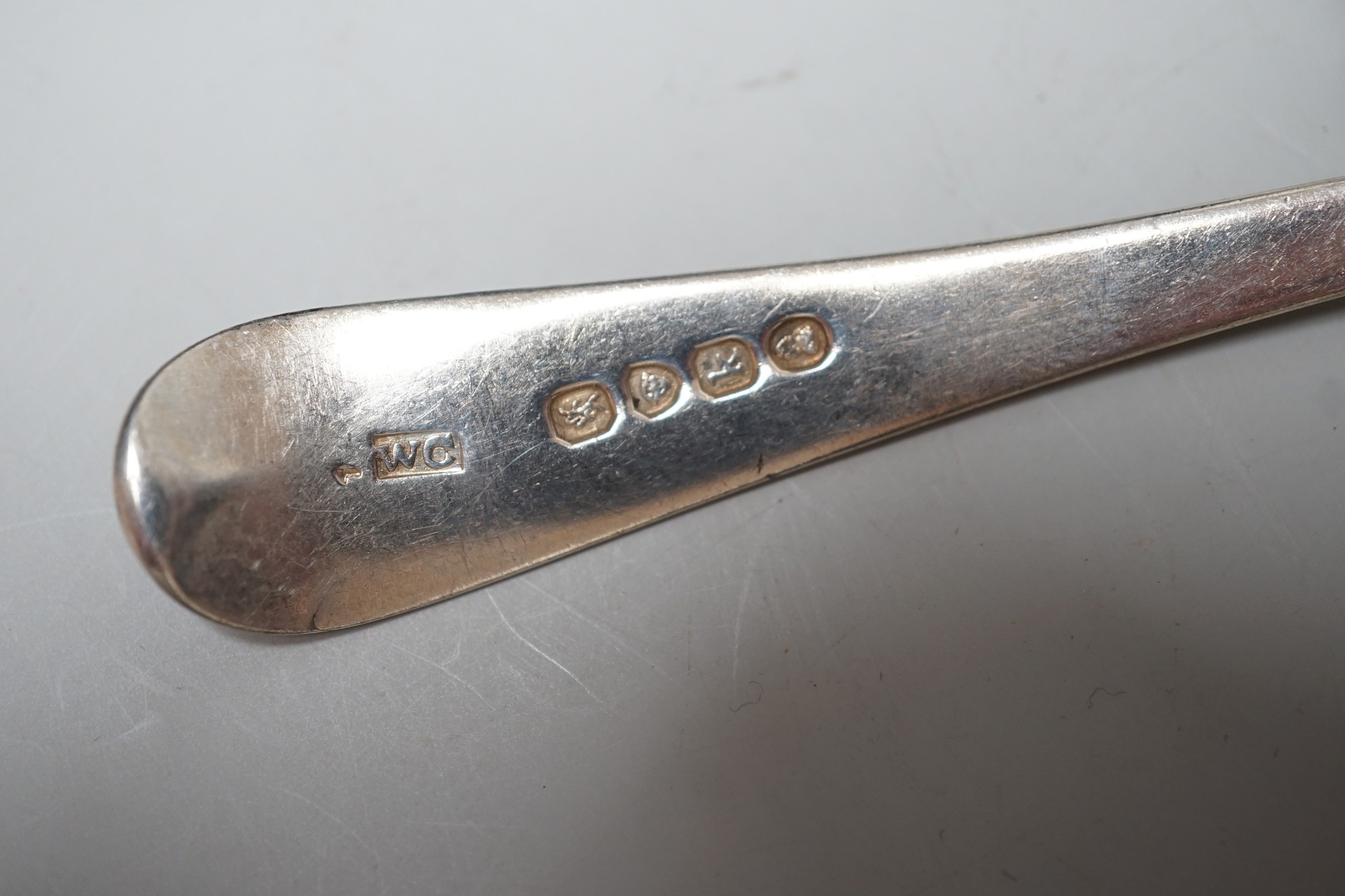 Assorted 19th century and later silver flatware, including dessert spoons, coffee spoons, two ladles, pickle forks, etc. various date and makers, 18.8oz.